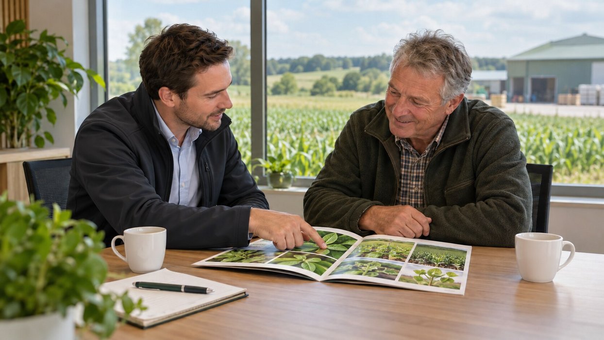 Berater im Gespräch mit einem Landhändler, zeigt ihm eine Produktbroschüre (KI-generiertes Bild)