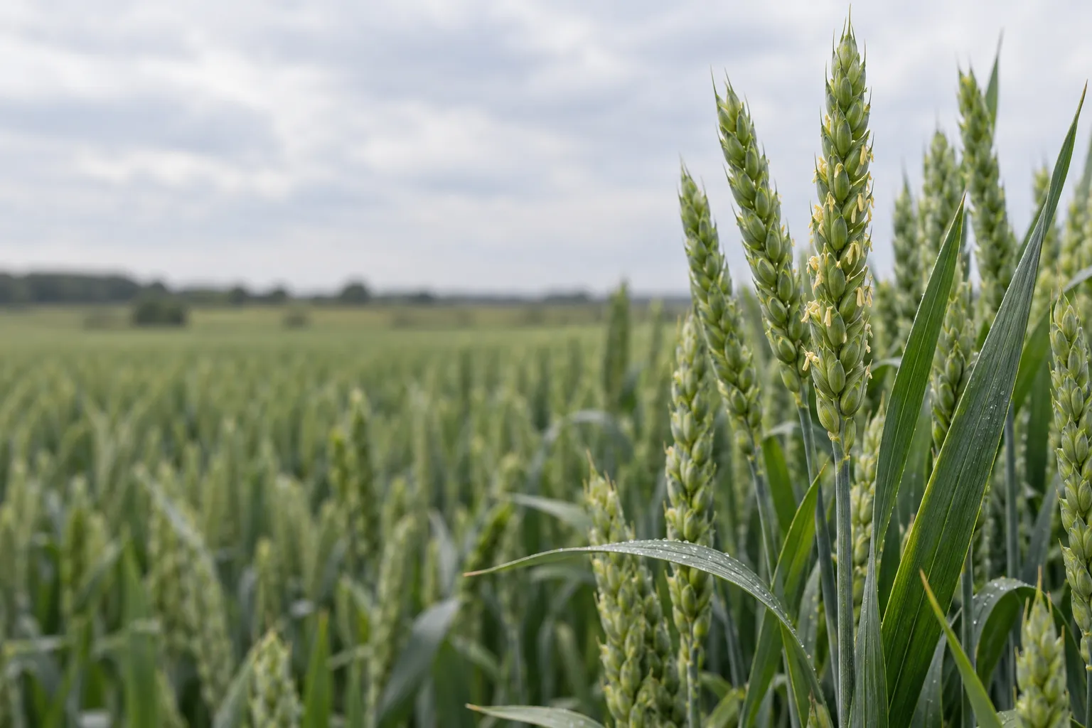 Weizenbestand zur Blüte mit grünen Ähren und Fahnenblättern