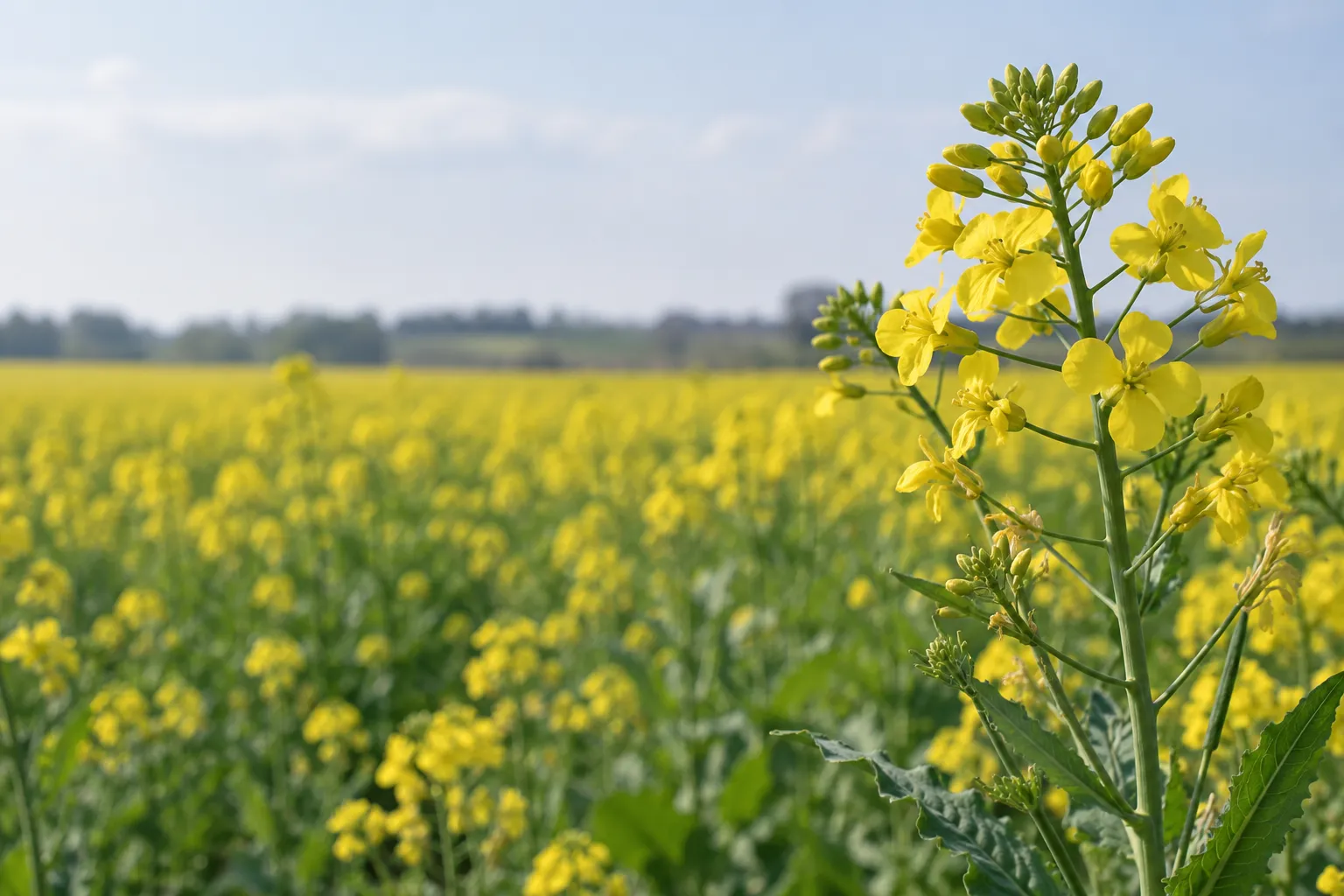 Blühender Winterraps im Frühjahr vor einem weiten Rapsfeld
