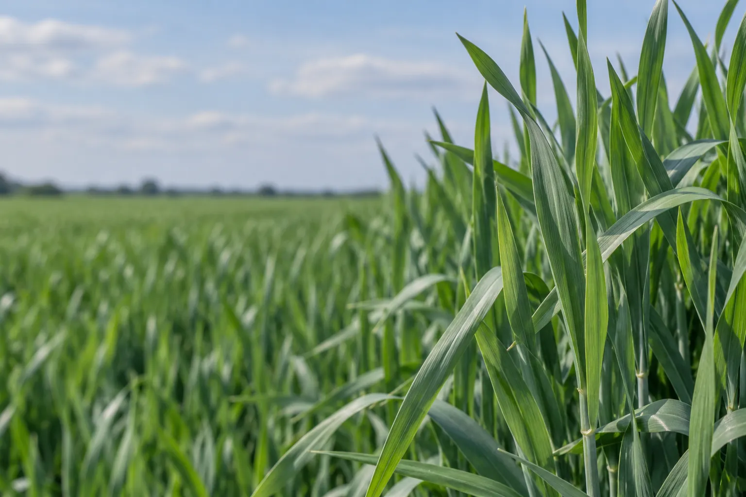 Grüner Getreidebestand im Frühjahr vor blauem Himmel