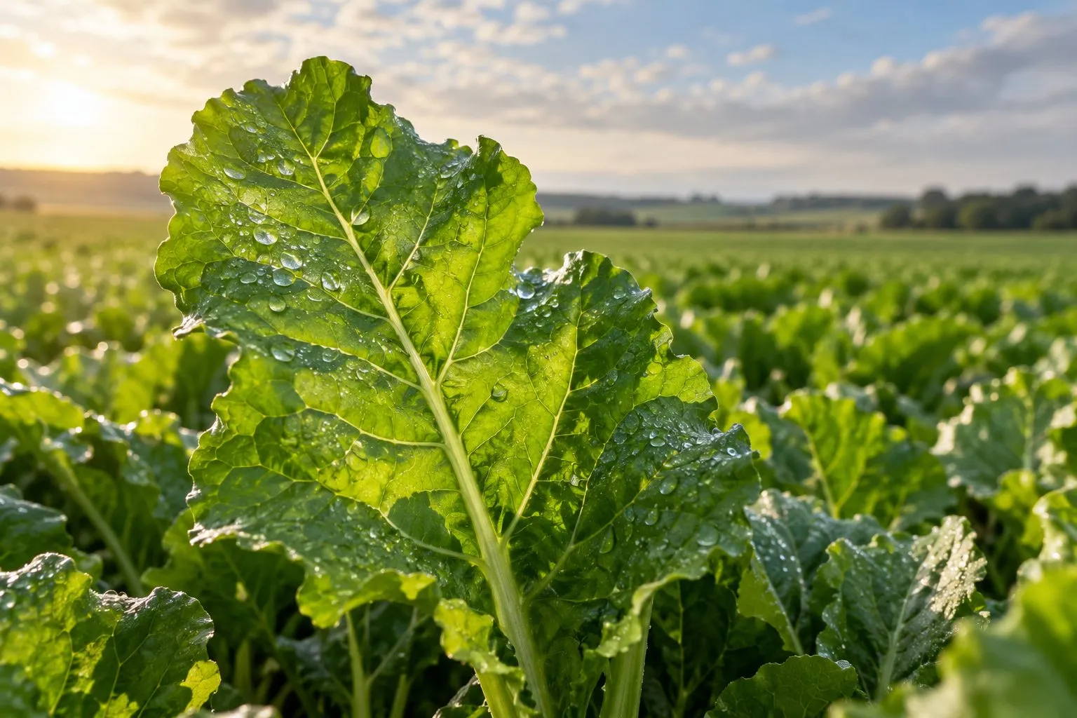 Gesundes Blatt im Morgenlicht über einem Feld