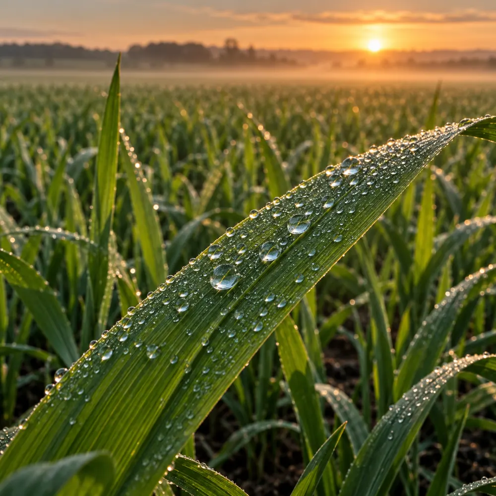 Weizenblatt mit feinen Spritztropfen im Morgenlicht, Blattdüngung im Getreide