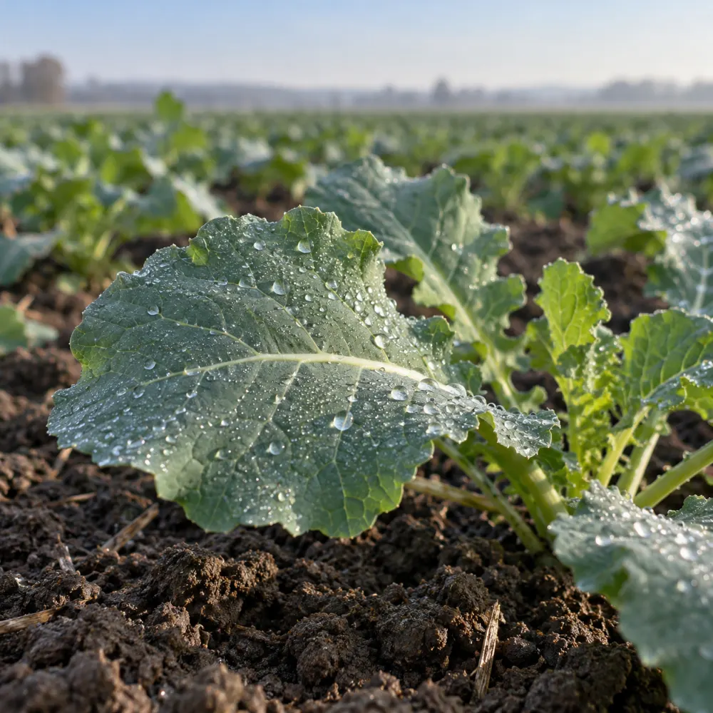 Winterraps in der Rosette im Herbst mit Spritztropfen auf dem Blatt, Blattdüngung mit Phosphor im Raps