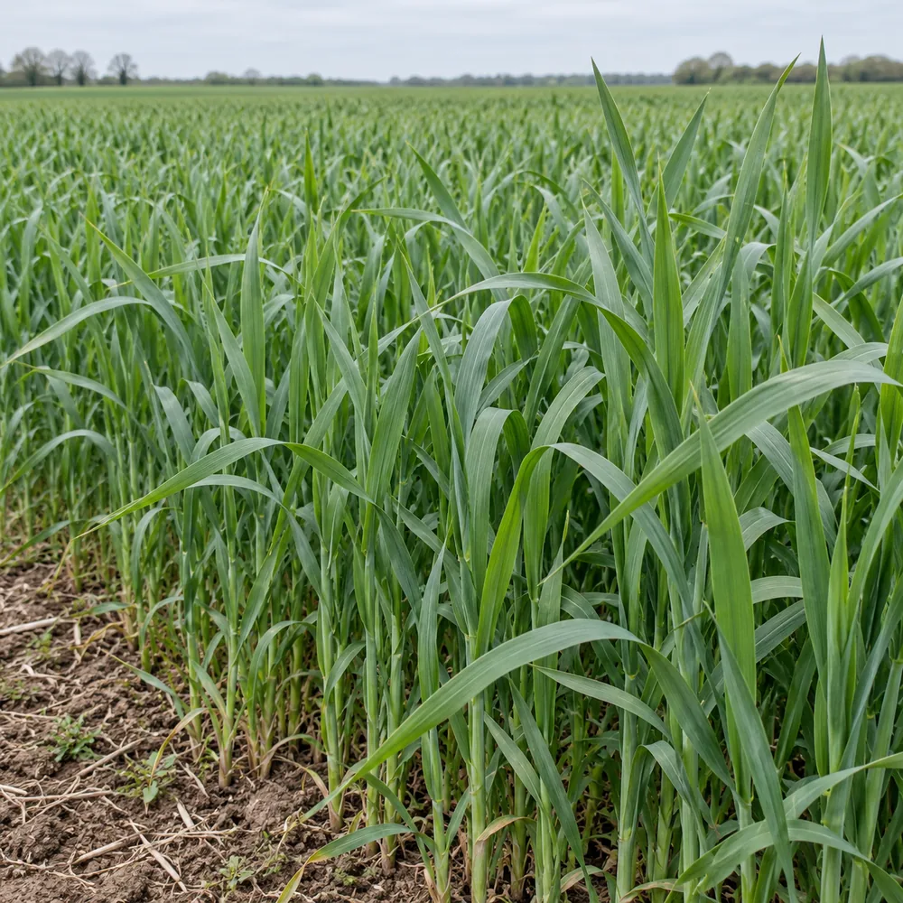 Bestockter Getreidebestand im Frühjahr mit kräftigen grünen Halmen