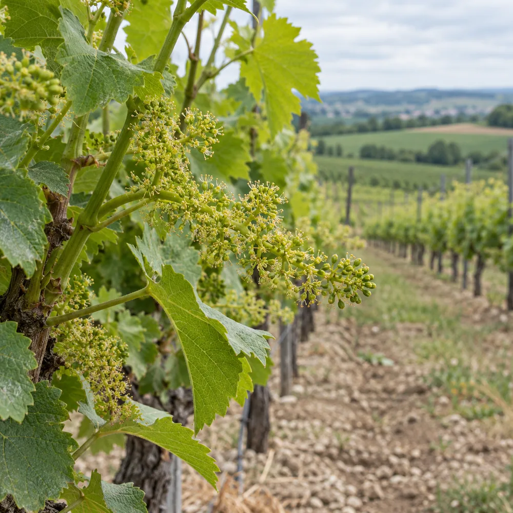 Rebe mit Gescheinen vor der Blüte im Weinberg